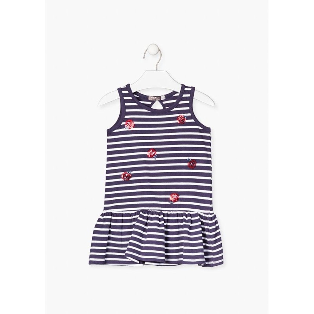 Blue and White Sleeveless Crew Neck Sundress with Red Ladybug Sequins